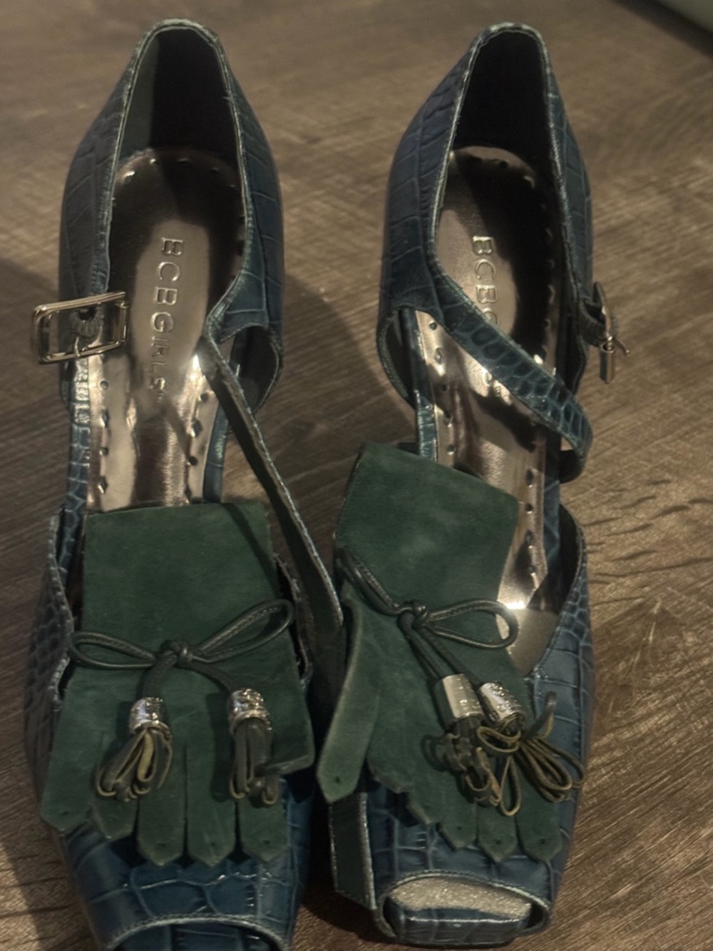 BCBGeneration Green Suede and Teal Croc-Embossed Tassel Platform Heels - Picture 2 of 5